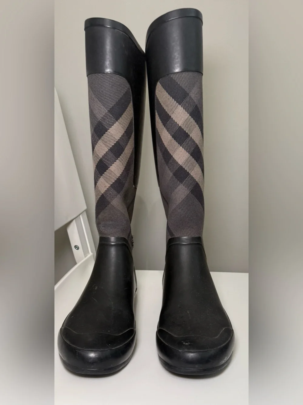 Burberry Black and Beige Plaid Over-the-Knee Rain Boots